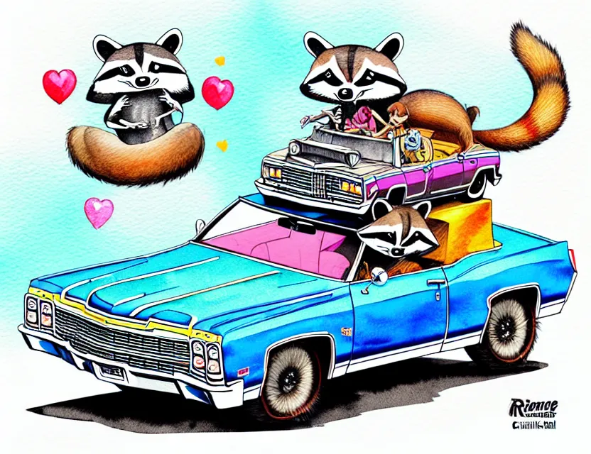 Image similar to cute and funny, racoon riding in a 1 9 6 9 chevy impala drop top with hydraulics, ratfink style by ed roth, centered award winning watercolor pen illustration, isometric illustration by chihiro iwasaki, edited by range murata, tiny details by artgerm and watercolor girl, symmetrically isometrically centered