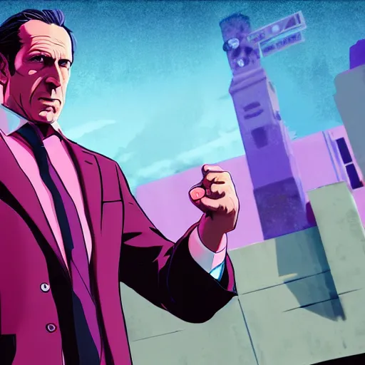 Prompt: Thomas Jane, illustration of Saul Goodman wearing a pink suit defending his client in a courtroom, art by Ilya Kuvshinov, highly detailed, anime key visual, neon glow, epic landscape, HD digital art, artstation
