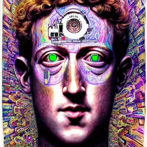 Prompt: beautifully detailed, psychedelic, mystical lsd portrait of mark zuckerberg's inner being, clockwork, technical inner being, pen, ink, copic marker, complex massive detail, by enki bilal