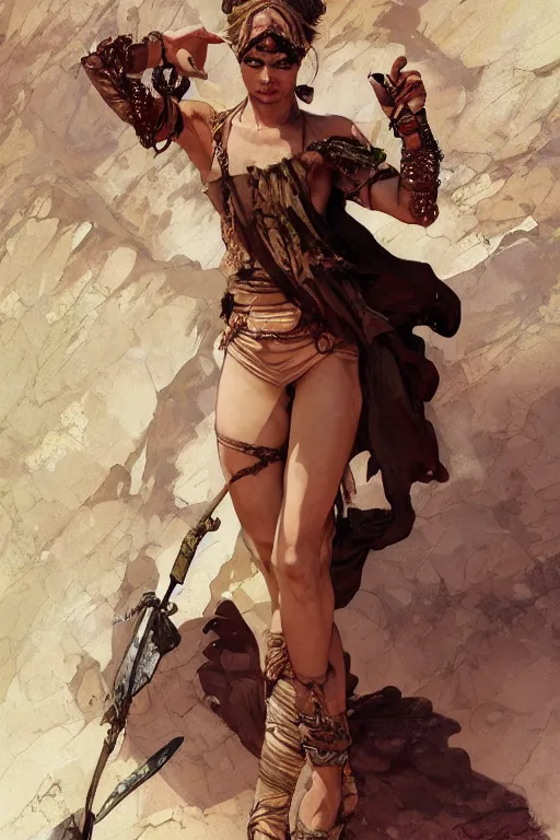 Image similar to a full body portrait of a beautiful post apocalyptic offworld desert bedouin thief savage rogue in beggars clothes in ballet pose by the emerald oasis pools, intricate, elegant, highly detailed, digital painting, artstation, concept art, smooth, sharp focus, illustration, art by krenz cushart and artem demura and alphonse mucha