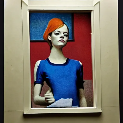 Image similar to emma stone in soviet public toilet, sharp focus, detailed, art by grant wood