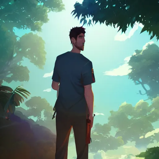 Prompt: jack shephard from lost, island landscape, ambient lighting, 4k, anime key visual, lois van baarle, ilya kuvshinov, rossdraws, artstation