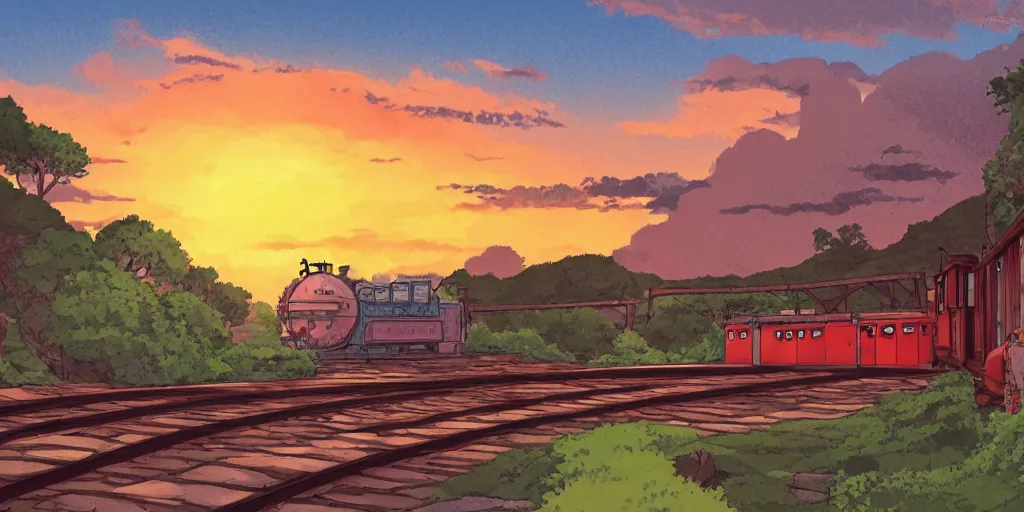 Prompt: a sunset railroad environment in the studio ghibli style, ghibli,