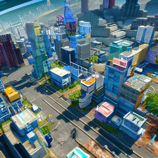 Image similar to isometric cityscape from wipeout playstation detailed photorealistic 4 k unreal engine