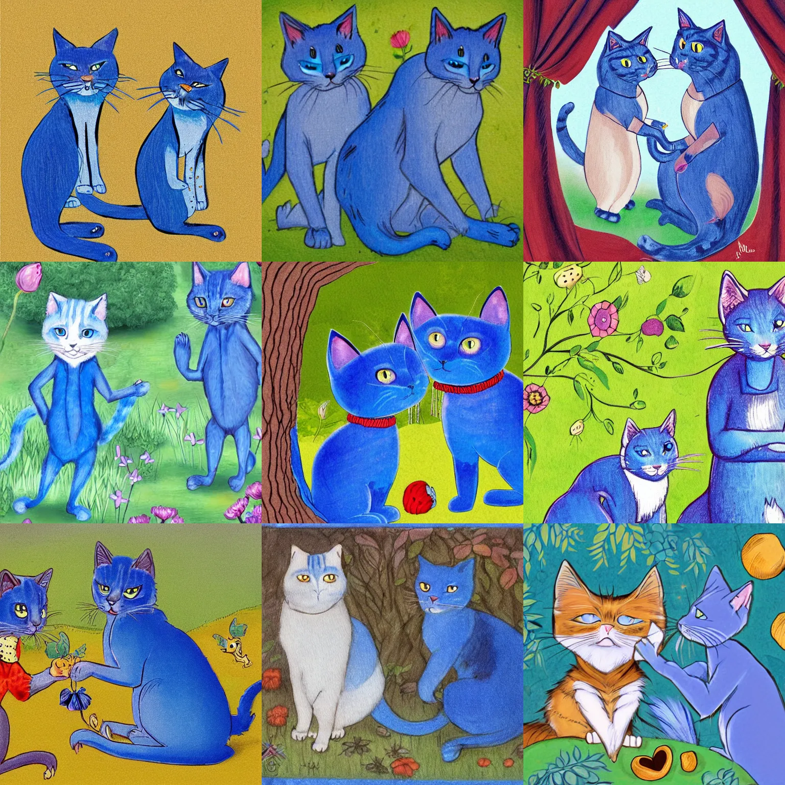 Prompt: storybook illustration of a pair of blue cats in the style of alice in wonderland