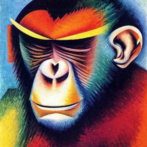 Image similar to cubo - futurism art portrait of an ape monkey by umberto boccioni, futuristic very abstract style painting, futurism art movement