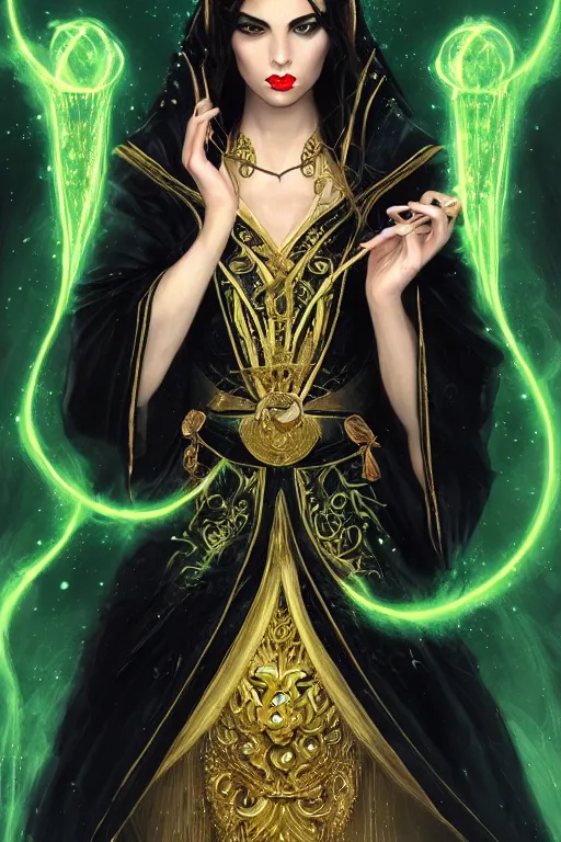 Prompt: a tarot card of an attractive young girl sorceress wearing a black robe with gold embroidery, casting a spell, green glows, painted by artgerm and tom bagshaw, in the style of magic the gathering, intricate, highly detailed digital art