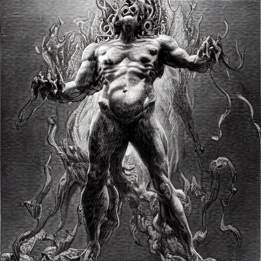 Image similar to full body grayscale drawing by Gustave Dore of horned muscled humanoid demon, engulfed in swirling flames