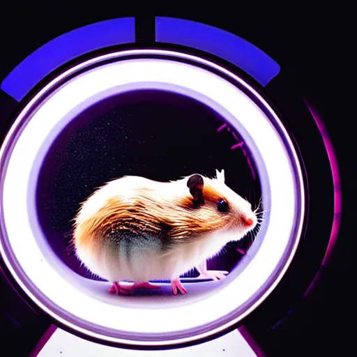 Prompt: uhd robotic hamster running in a hamster wheel. photo by annie leibowitz