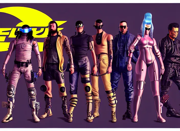 Image similar to cyberpunk elite samurai squad. portrait by stonehouse and mœbius and will eisner and gil elvgren and pixar. character design. realistic proportions. cyberpunk 2 0 7 7 character art, blade runner 2 0 4 9 concept art. cel shading. attractive face. thick lines. the team. diverse characters. artstationhq.