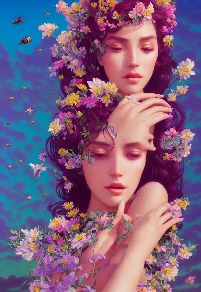 Image similar to young beautiful woman, gorgeous face, vaporwave aesthetic, synthwave, colorful, psychedelic, artstation, flowers, bees, full - body, gown, smooth, extremely sharp detail, finely tuned detail, 8 k, unreal engine 5, ultra sharp focus, illustration, art by artgerm and greg rutkowski and alphonse mucha