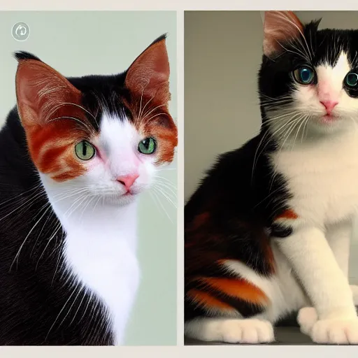 Prompt: a calico kitty side view and front view