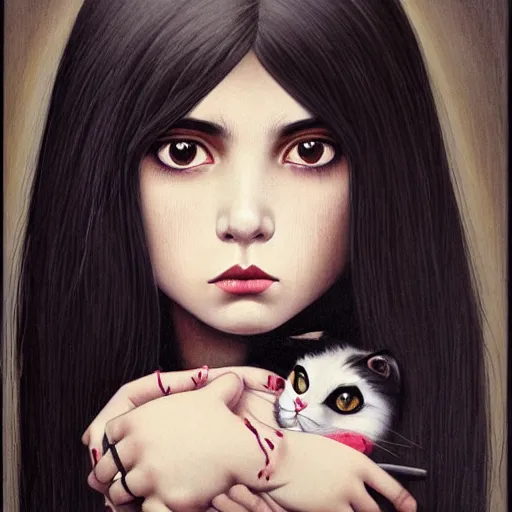 Prompt: a painting of an emo mexican woman with long dark hair thick eyebrows dark eyes and dark circles wide nose big eyes oval face shape big cheeks holding her cat, photorealistic painting by tran nguyen and ilya kuvshinov, featured on deviantart, gothic art, goth, gothic, detailed painting