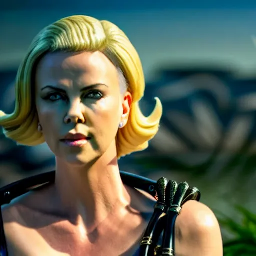 Image similar to cinematic scene with charlize theron as jolyne from jojo's bizarre adventure, live action film, stone ocean, dramatic, small details, volumetric lighting, still frame