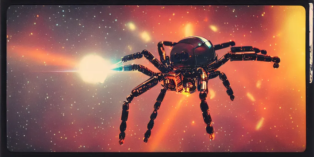 Prompt: analog polaroid portrait of a chrome robot spider, Hajime Sorayama, sheen, red reflections, unreal engine, azure sky, big clouds visible, sunlight, reflection, sparkles, space, stars, nebula, lensflare, film grain, depth of field, color bleed