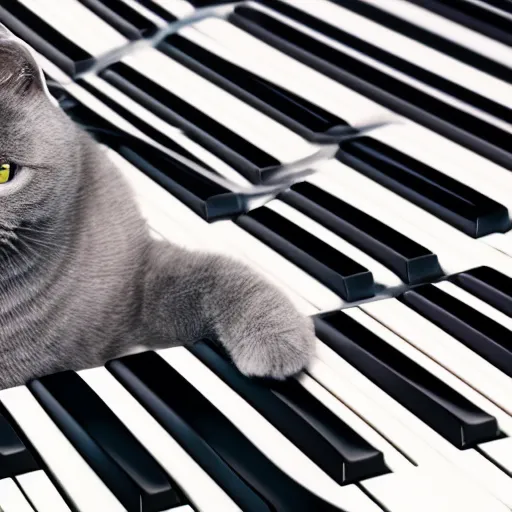 Image similar to portrait of a grey british shorthair cat on background of wavy abstract piano keys with musical notes detailed colorful matte painting 4 k