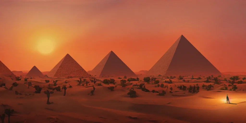 Image similar to an oil painting of a small city in the desert with a pyramid in the center and walls that surround the city and a dark red sun, fantasy,hyper realistic, atmospheric lighting, cinematic, 8k,