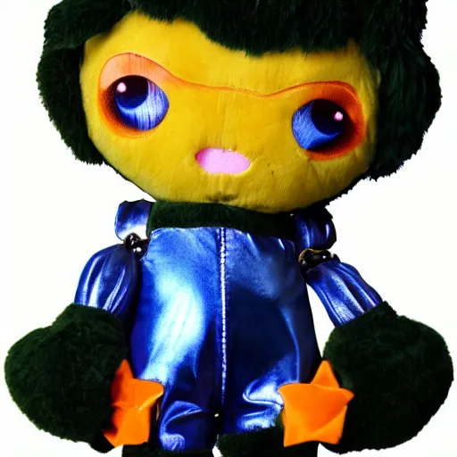 Prompt: cute fumo plush of an alien girl in shiny overalls, three point lighting, color contrast