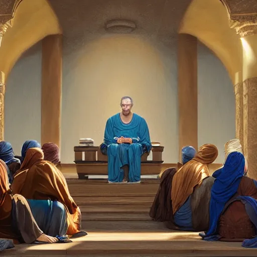 Prompt: Moses sits in the back of a lecture by a wise sage, detailed and realistic matte painting by Noah Bradley and Iman Maleki