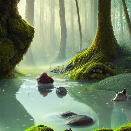 Image similar to soft painting render curiosities alien pond vegetation rocks, beautiful action shot fox covered moss scintillating, accurate features, focus, very intricate ultrafine details, random volumetric lighting, dense fog, award winning masterpiece, octane render 8 k hd, artstation, tom bagshaw