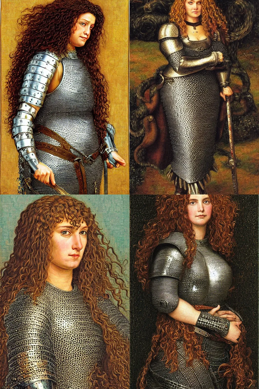 Prompt: a big and strong medieval woman wearing chainmail armor| long wavy curly hair | portrait by johfra bosschart