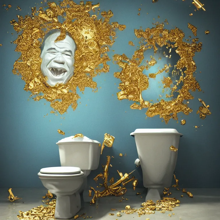 Image similar to A beautiful oil painting hyperrealism of Gilbert Gottfried on a toilet made of marble stone, gold throne , bones flowers, 8k resolution, octane render, Trending on artstation, by Gediminas Pranckevicius, volumetric light 2blue fractal Thunder glow by dan mumford, anaglyph effect, Laurie Lipton