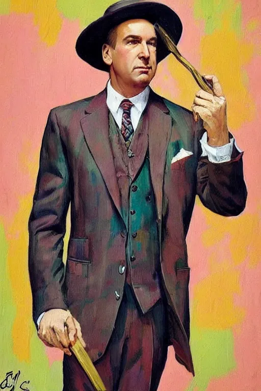 Image similar to sharp saul goodman wearing colorful suit, painting by jc leyendecker!!!, angular!!!, triangle brush strokes, ( painterly ), vintage, crisp!