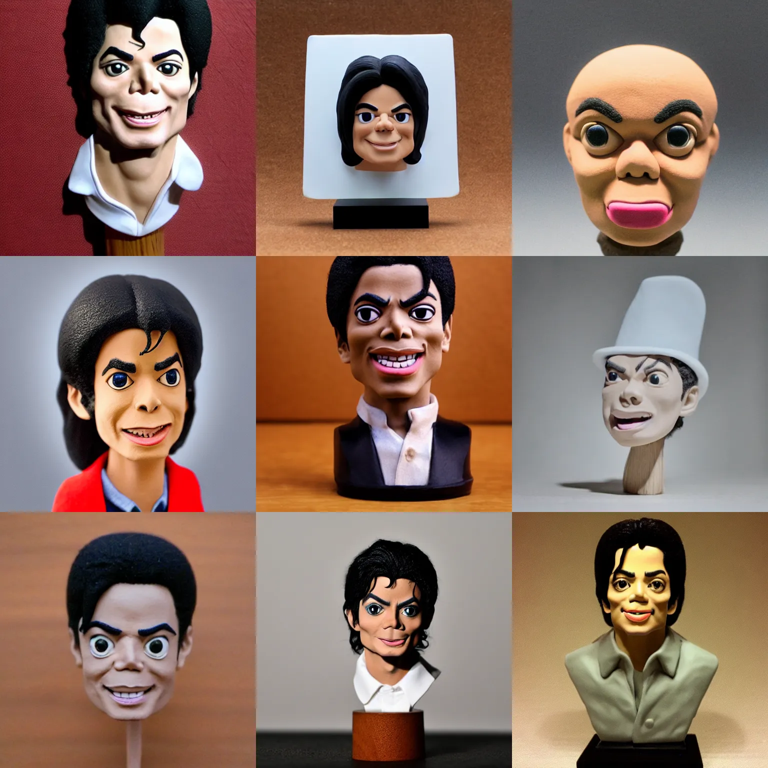 Prompt: michael jackson!!! smooth specular clay! extremely close smooth specular sculpted headshot of michael jackson , soft light, fog , on wooden table. style: claymation puppet kids clay , by guldies