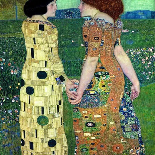 Prompt: a portrait of two beautiful sisters in a scenic environment by gustav klimt