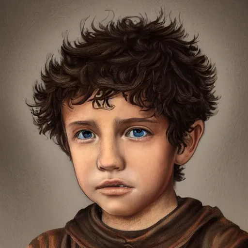 Image similar to a detailed portrait of a medieval ten year old boy, he has short curly brown hair, brown eyes and white skin, fantasy art illustration, incredibly highly detailed and realistic, 8 k, sharp focus