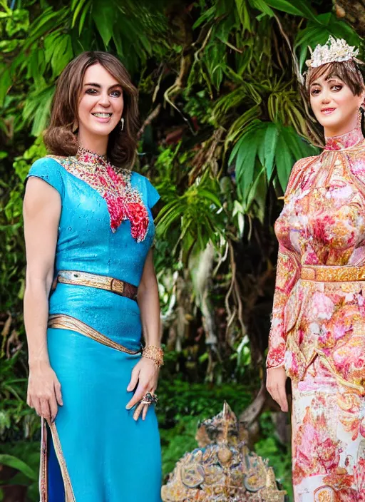 Image similar to portrait of elizabeth hurley and katy perry wearing kebaya in bali temple, by charlotte grimm, natural light, detailed face, beautiful features, symmetrical, canon eos c 3 0 0, ƒ 1. 8, 3 5 mm, 8 k, medium - format print, half body shot