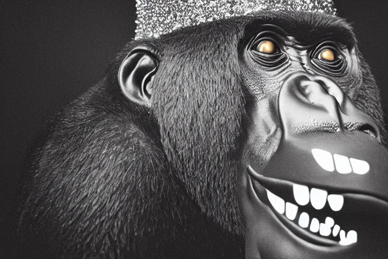 Prompt: closeup of a friendly happy oversized gorilla in a party hat, celebrating with birthday candles on a birthday cake, glowing with silver light, monochrome film still, today's featured photograph, 1 6 k, character design, set design