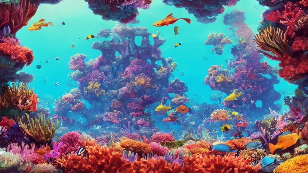 Prompt: first person perspective digital illustration of a vibrant coral reef with colorful flora and tropical fish by industrial light and magic:1|wide angle panoramic by beeple and Roger Dean, viewed from eye level:0.9|fantasy, cinematic:0.9|Unreal Engine, Octane, finalRender, devfiantArt, artstation, artstation HQ, behance, HD, 16k resolution:0.8