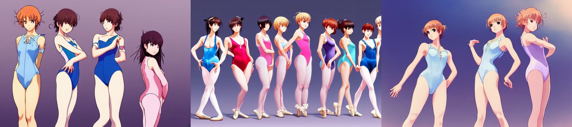 Prompt: princesses posing together in leotards. by takashi takeuchi, yoshiyuki sadamoto, amagaitaro, makoto shinkai, krenz cushart, asao urata, pixiv