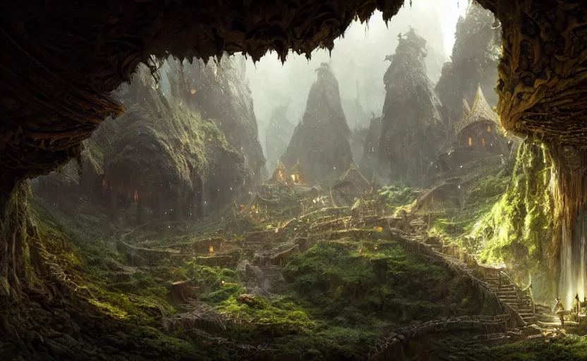 Prompt: worm's eye view of a elven headquarters carved inside a mountain, above lush garden and hot spring, well maintained, well lived, fantasy genre, natural light, fantasy, natural light, sharp focus, concept art, by greg rutkowski and craig mullins, cozy atmospheric and cinematic lighting, trending on artstation
