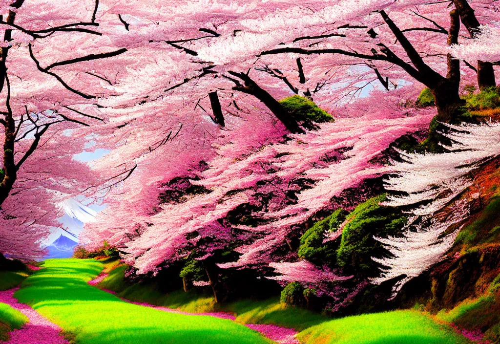 Prompt: a real photographic landscape painting with incomparable reality, wide angle, in forest, flowers, cherry blossom tree in full bloom, bright style, mount fuji, clearing, magnificent, artstation