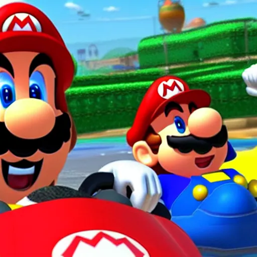 Image similar to Mario gets in a brutal accident in Mario Kart wii 4K detail