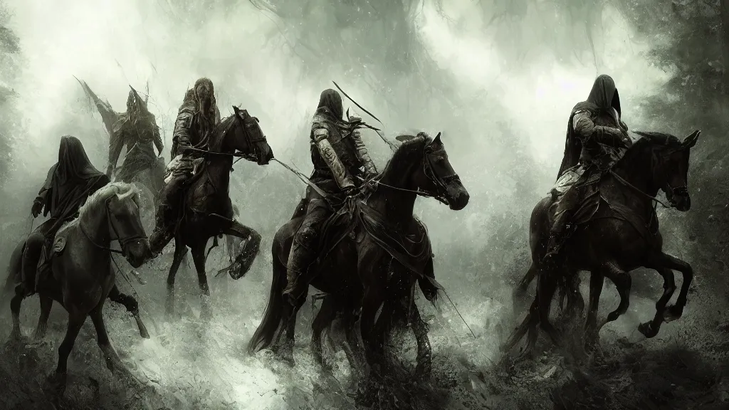 Image similar to dark riders on horse, forest, Nazgûl, lord of the rings digital art by Ruan Jia, Rudolf Béres, James Zapata, Jamey Jones