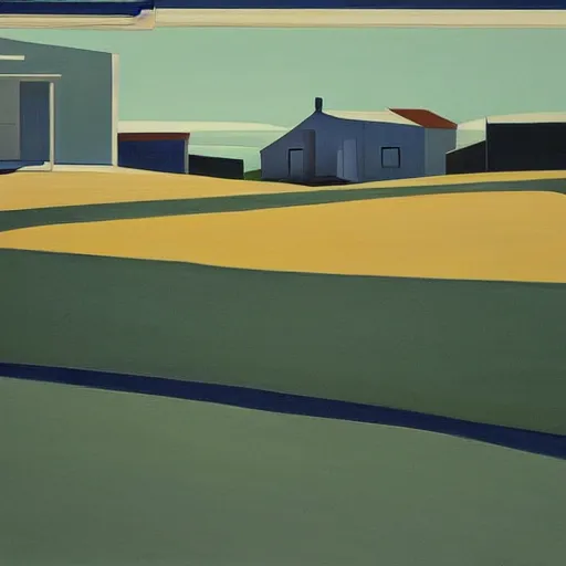 Image similar to dreaming futuristic rural landscape with modern houses, painted by Alex Katz and Edward Hopper, airbrush, highly detailed