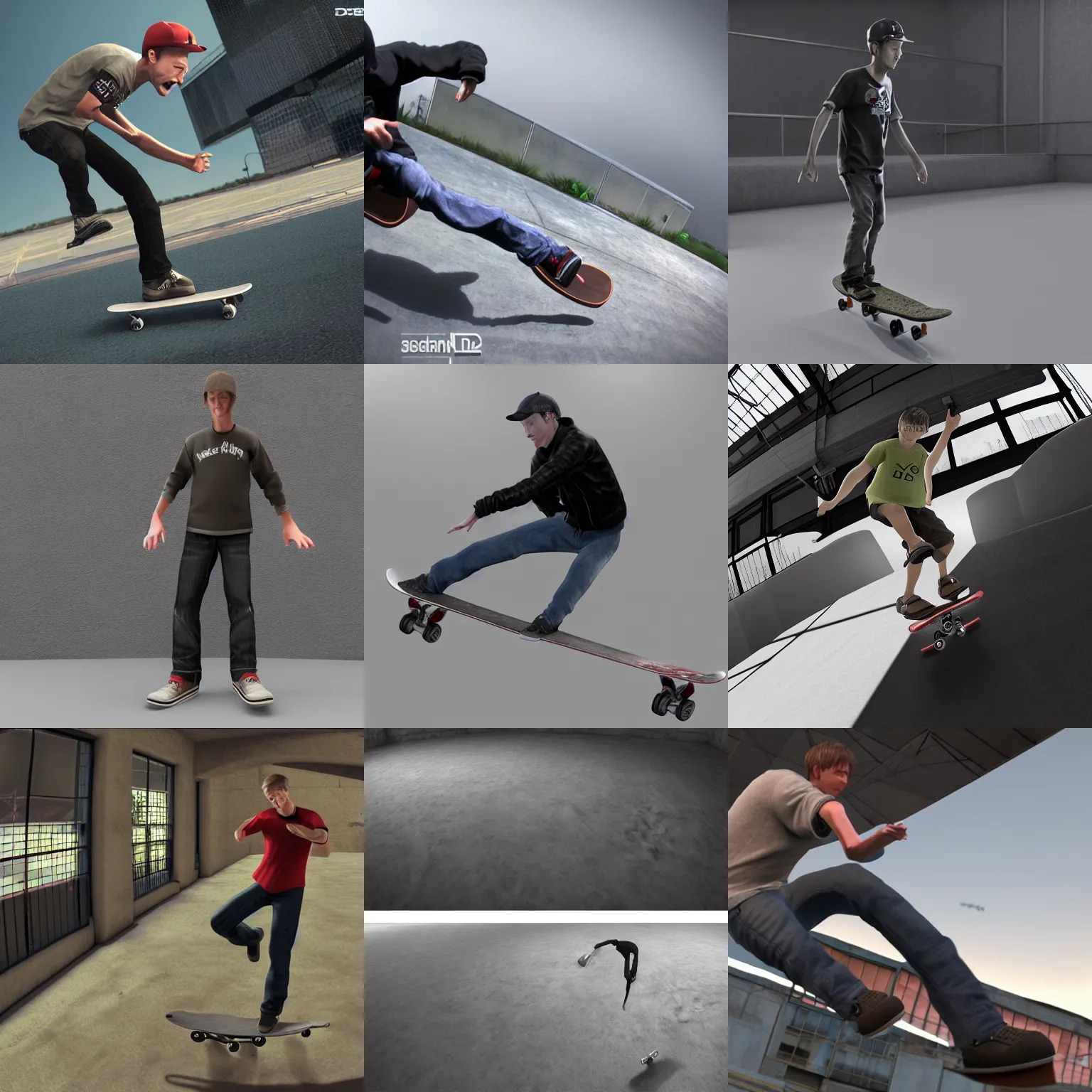 Prompt: tony hawk, 3 ds max animation, redshift render, realistic, cloth sim, fisheye, skater xl, skatrix 4 k