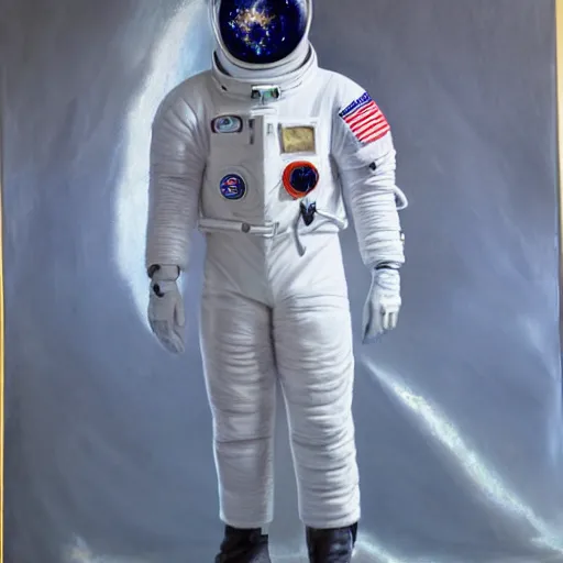 Image similar to fashion model in futuristic astronaut suit, full body portrait, hyperrealism oil painting