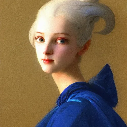 Prompt: a young woman's face, her hair is white and she wears a cobalt blue satin cloak, by ivan aivazovsky and syd mead and moebius and gaston bussiere and roger dean and pieter claesz and paul delaroche and alma tadema and willem claesz heda, hyperrealistic, volumetric light, octane render