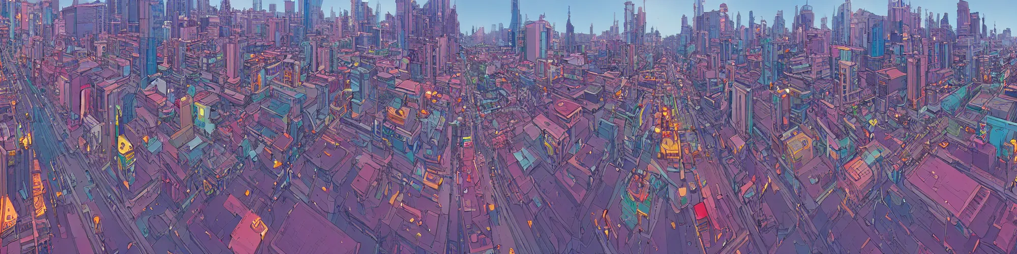 Image similar to panorama view of a city at street level, no cars. sharp focus, cinematic pose, cinematic lighting, unreal engine render. art by josan gonzales and moebius and deathburger.