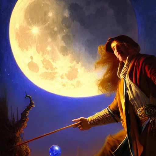 Image similar to attractive male wizard magically floating in the night, fantasy, full moon in background. highly detailed painting by gaston bussiere, craig mullins, j. c. leyendecker, mid shot, 8 k