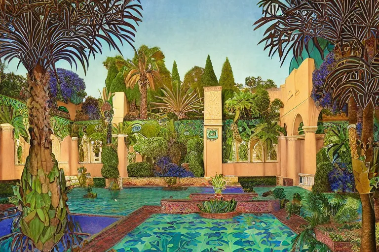 Prompt: painting of a beautiful moorish palace courtyard garden, by alayna danner and maxfield parrish and evelyn de morgan, patterned tilework, palm trees, tiled fountains, extremely detailed, cinematic lighting, smooth sharp focus