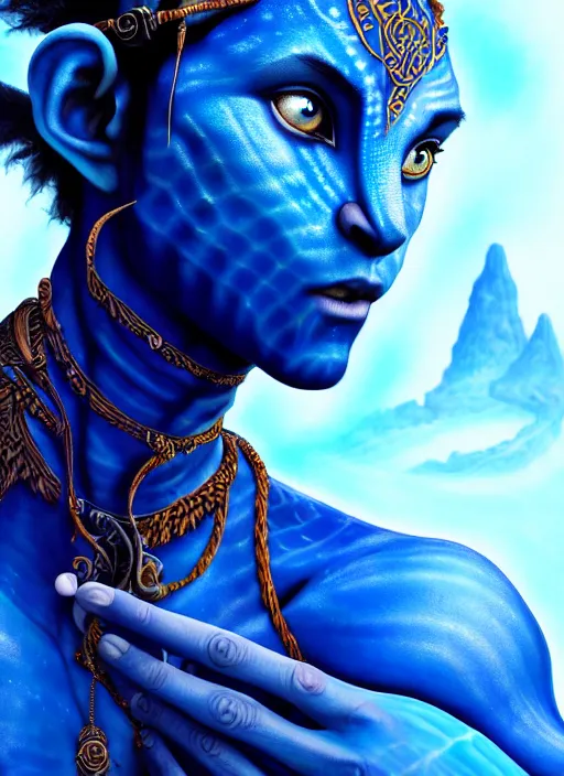 Prompt: : blue avatar, fantasy magic,, intricate, sharp focus, illustration, highly detailed, digital painting, concept art, jahbu art and paul lewin and kehinde wiley, james cameron masterpiece