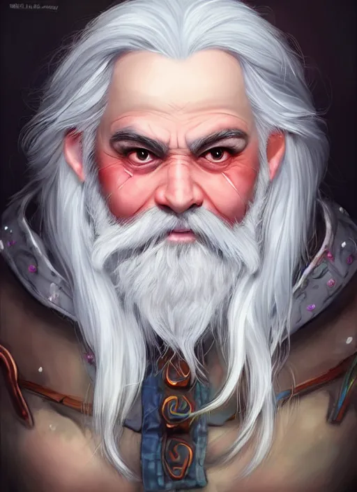 Prompt: friendly dwarf with white hair, red iris, long beard, pale snow white skin, full body character portrait, colorful, highly detailed, digital art by artgerm