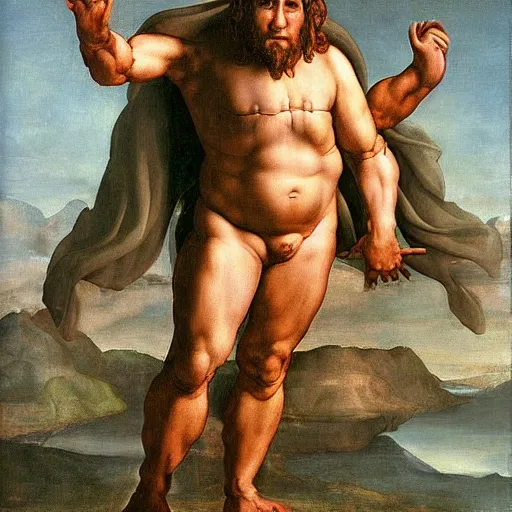 Image similar to Danny Devito as God dressed in a holy exosuit preparing to fight the devil, heaven, surreal, Leonardo Divinci inspired, Michael Angelo inspired, Painting, Religious art