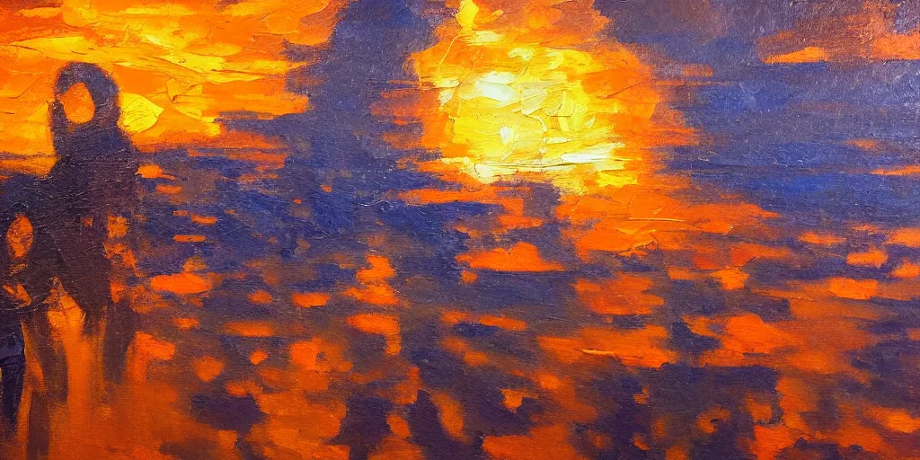 Image similar to an expressive oil painting of a gorgeous dim blue sunset with bright orange light from a spotlight on people