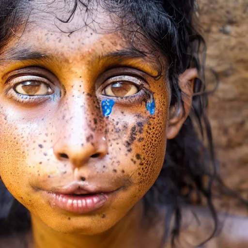 Image similar to a professional photo of a sri lankan jungle girl, black hair, light freckled skin and a look of panic on face. extremely high fidelity. key light.